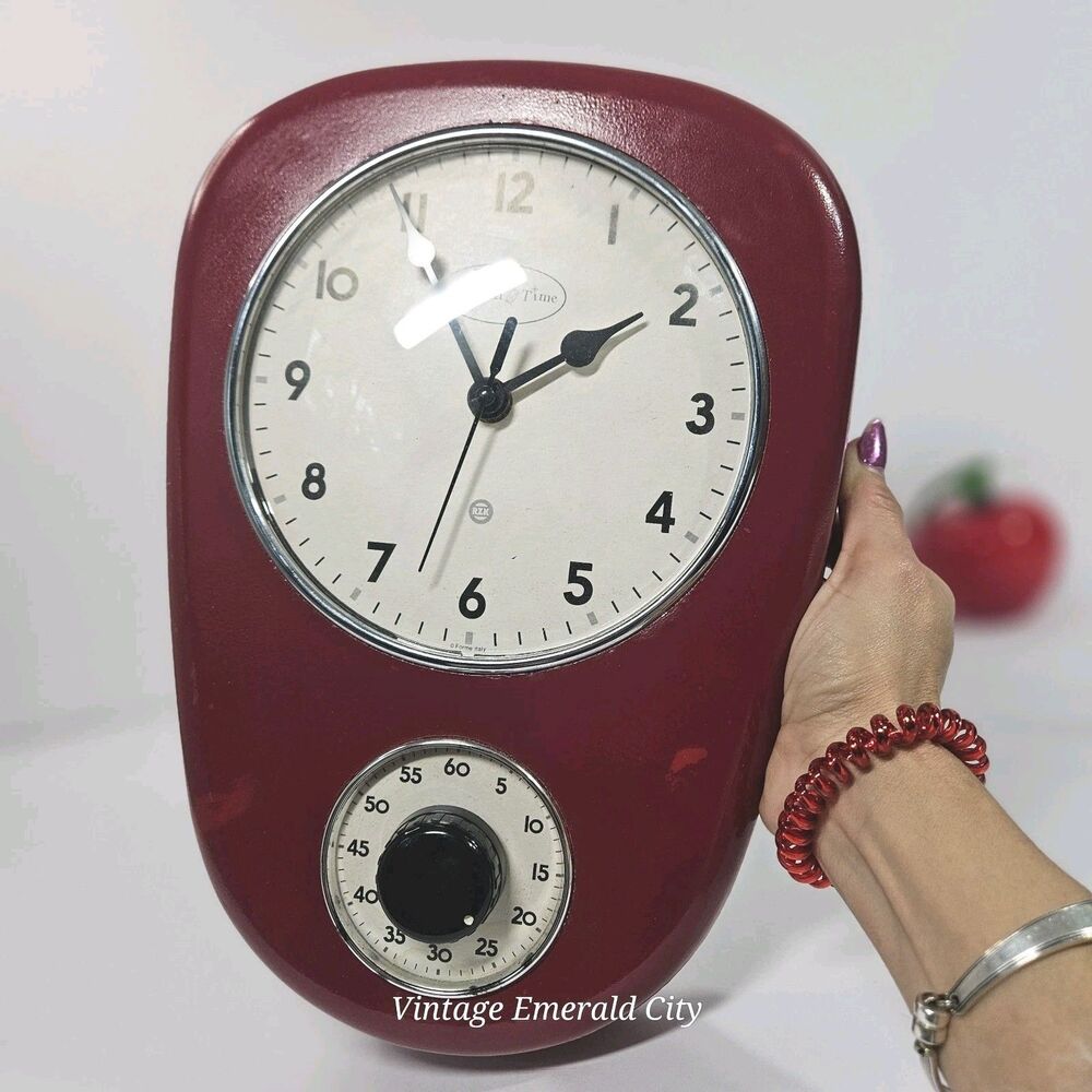 Vtg RZK Kitchen Red Wall Clock & Timer MCM- Needs New analog Clock/Timer Works
